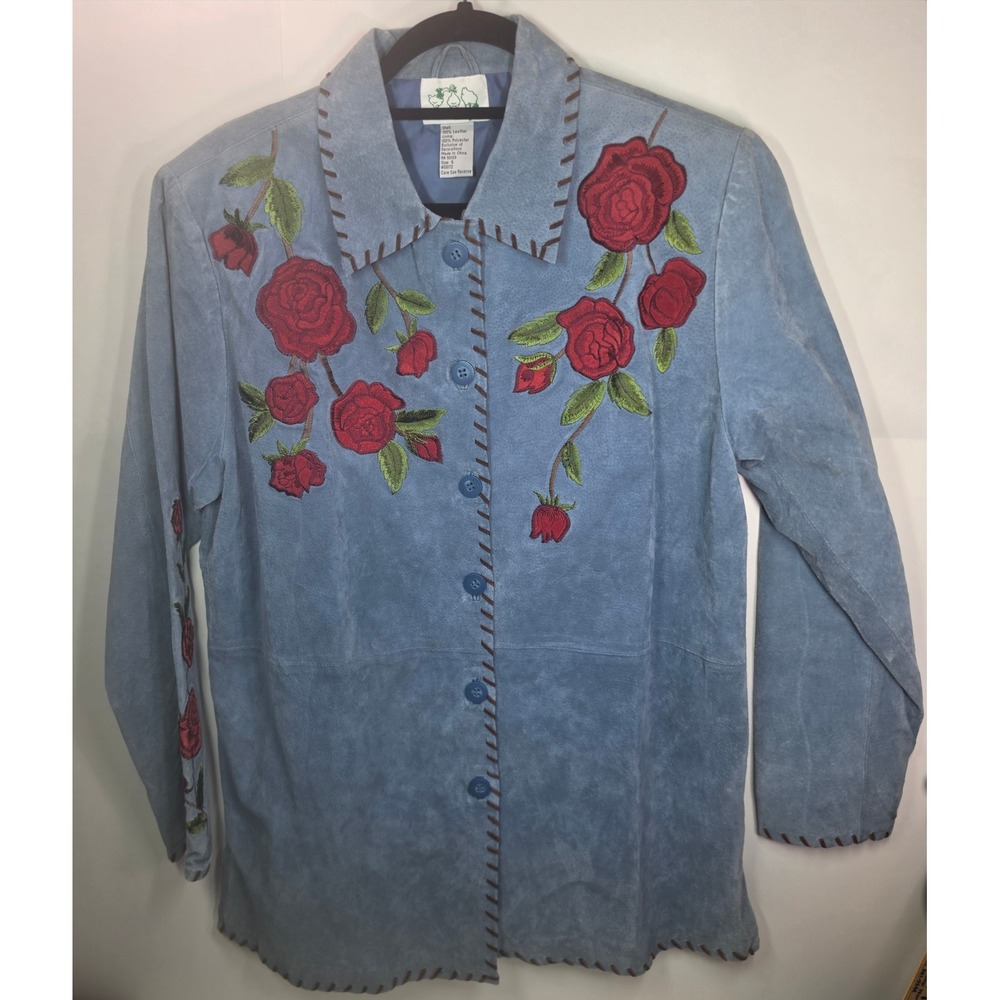 Quacker Factory Blue Suede Leather Jacket Red Rose Floral Embroidered Small